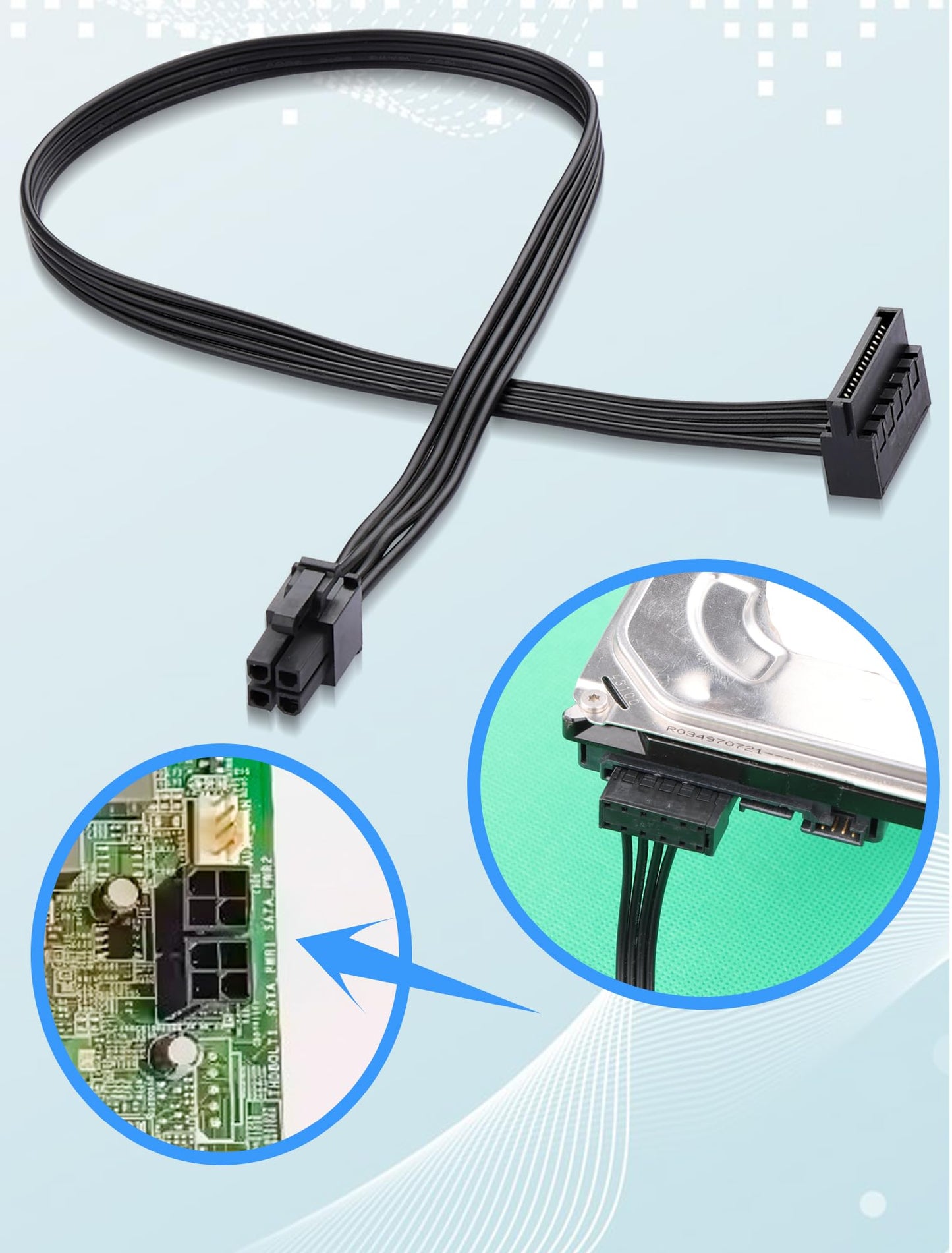 ELFJMZP ATX 4PIN to SATA 15 PIN Adapter Extension Cable for Mechanical HDDs, SSDs, DVD/CD-ROMs (16.6 in./42.2 cm)(Pack of 2)