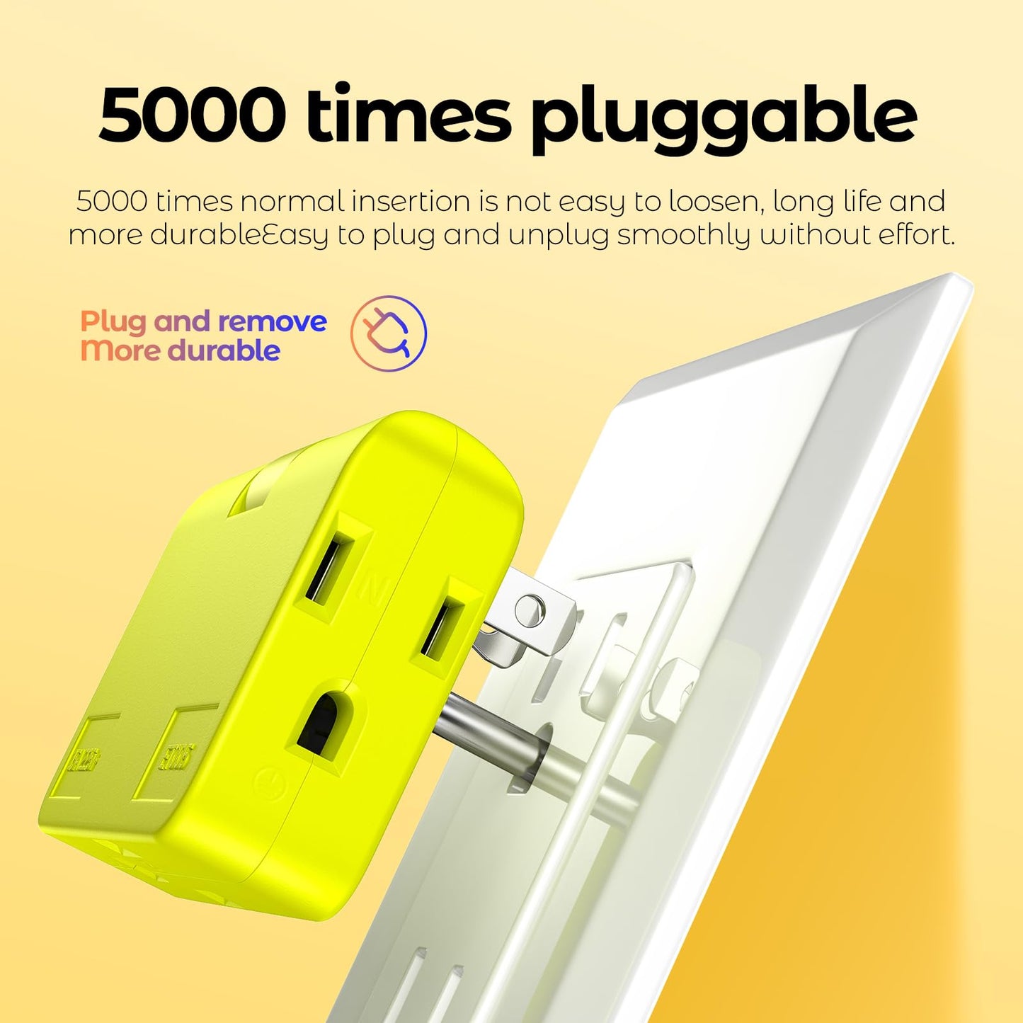 2 Pack Plug Splitter - 3 Prong Wall Adapter with 2 to 3 Prong Outlet Converter, Safe & Space-Saving Plug Extender, Yellow