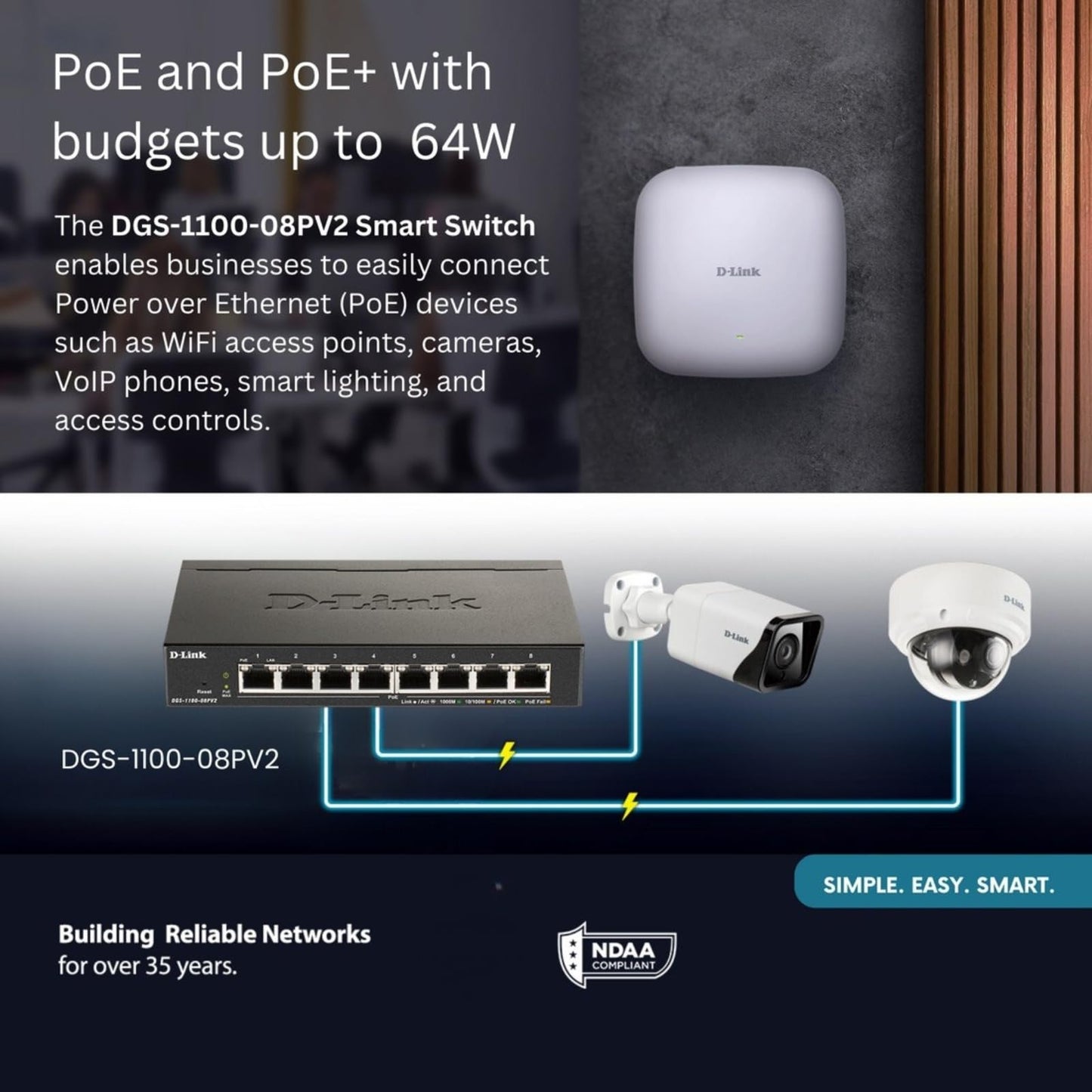 D-Link 8-Port Gigabit Smart Managed PoE+ Switch -8 PoE+ Ports (64W)-L2-VLANs-Cable Diagnostics -Web Managed -Desktop -Fanless-NDAA Compliant -Lifetime