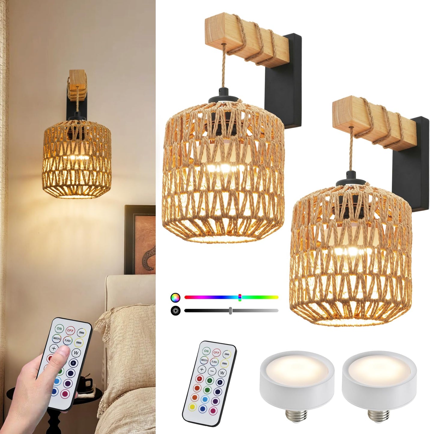 NOVCAND Boho Battery Operated Wall Sconce Set of Two, Rattan Cordless Wall Sconces with Remote,Wireless Sconces Set of 2 for Bedroom,Living