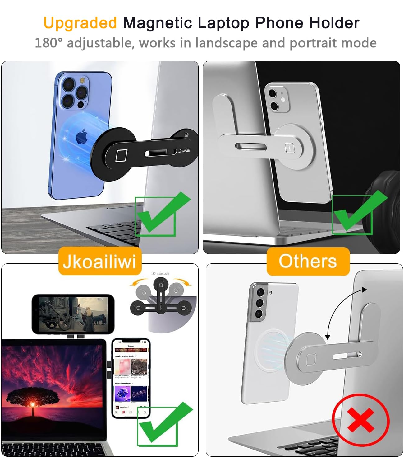 Jkoailiwi Magnetic Laptop Phone Holder Mount for Dual Screen, 180° Adjustable Edge Computer Phone Holder for Monitor's Top and Side, Extended Laptop