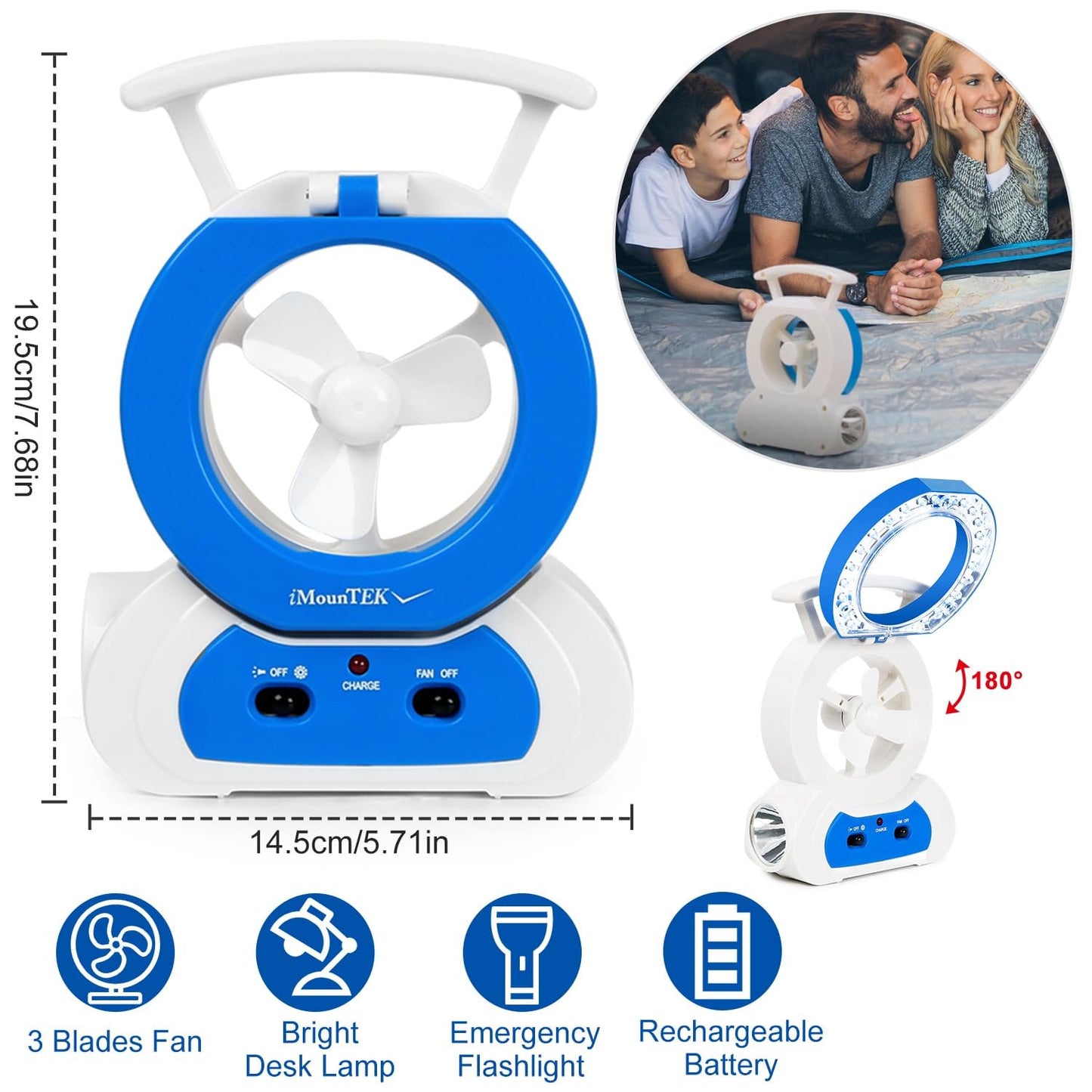 KOCASO Desk Cooling Fan w/180°Adjustable LED Lamp Baby Stroller Fan Emergency Flashlight Torch for Household Camping Traveling,Blue