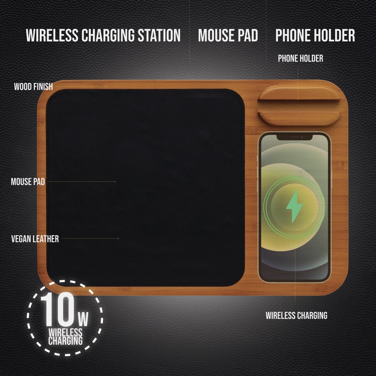 Oliver Gray Mousepad with Wireless Charger - 3-in-1 Wooden Wireless Charging Station & Phone Holder, Premium Vegan Leather Desk Charger Mat