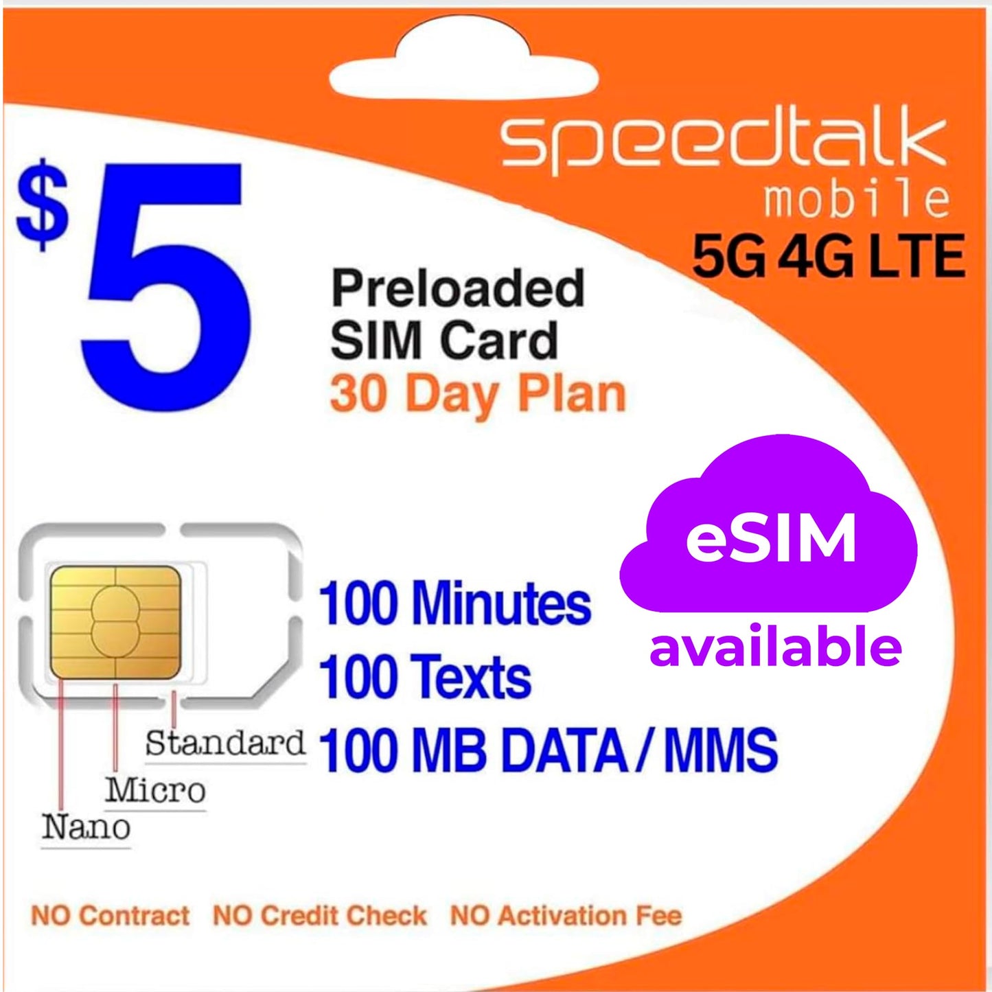 SpeedTalk Mobile $5 Prepaid SIM Card - Top Value Plan for Smartphones & Cellphones | 100 Minutes, 100 Texts, 100MB Data | 5G/4G LTE | Triple-Cut