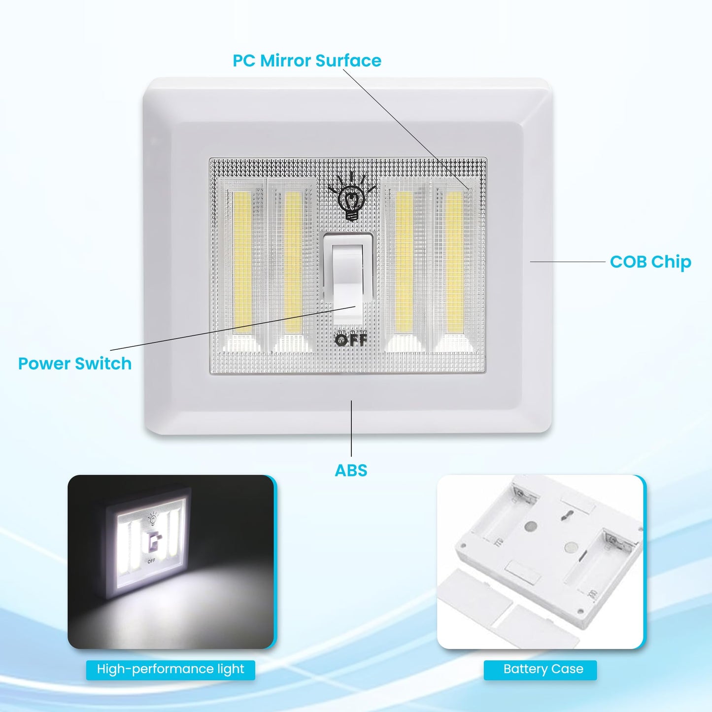 AlltroLite LED Closet Light Switch | 400 Lumen Wireless Battery Powered COB Night Light | Stick On Magnetic Battery Lights for Under Cabinet, Shelf