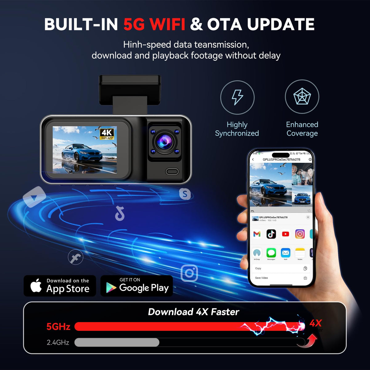 3 Channel 4K Dash Cam with 5GHz WiFi & APP Control, 4K+1080P+1440P Dash Cam Front and Rear Inside with 64GB Card, Dash Camera for Cars with Night Vision, Loop Recording, 24H Parking Mode, G-Sensor