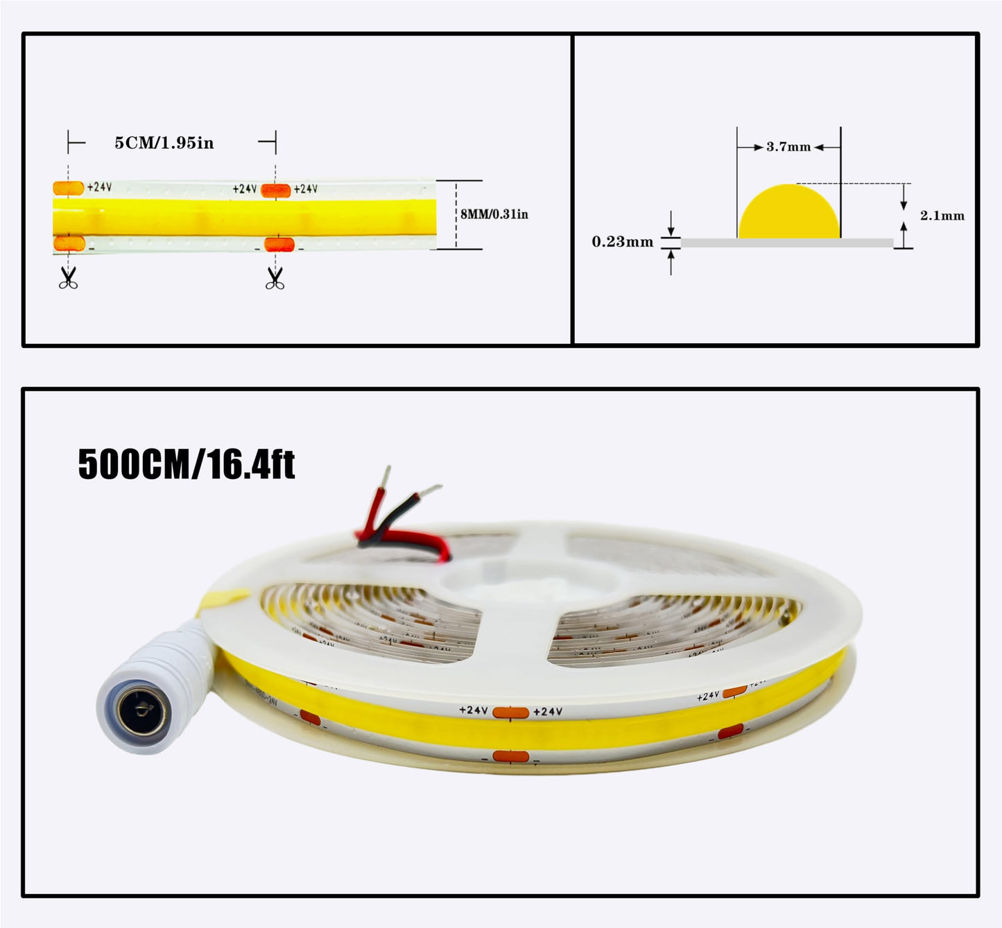 PISIN 24V COB LED Strip Light White 6000K IP20 Uniform Light Emitting 480LEDs/M 16.4FT/5M CRI90 Flexible Can be Cropped LED Light Strip Cabinet Home