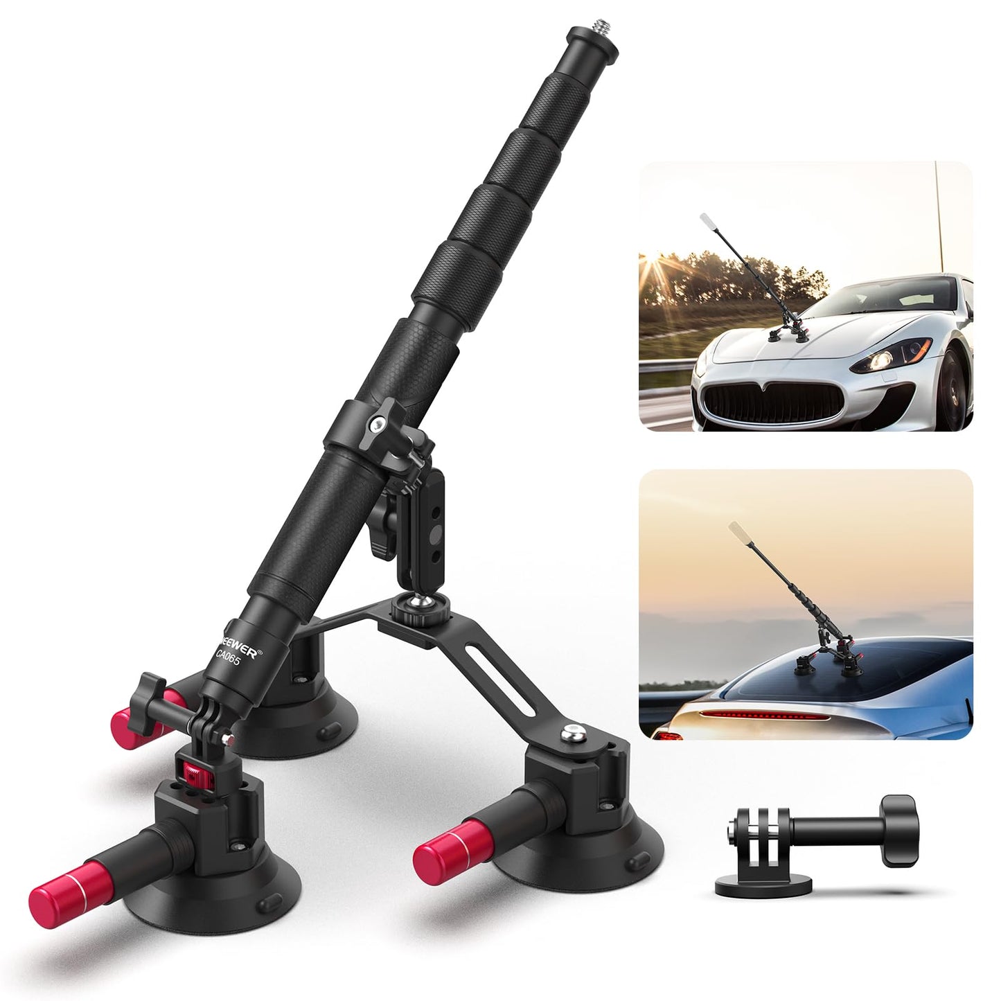 NEEWER Triple Suction Cup Car Mount Compatible with Insta360 X5 X4 GoPro DJI OSMO 360 Cameras, Quick Release Outside Windshield Magic Arm Mount Kit