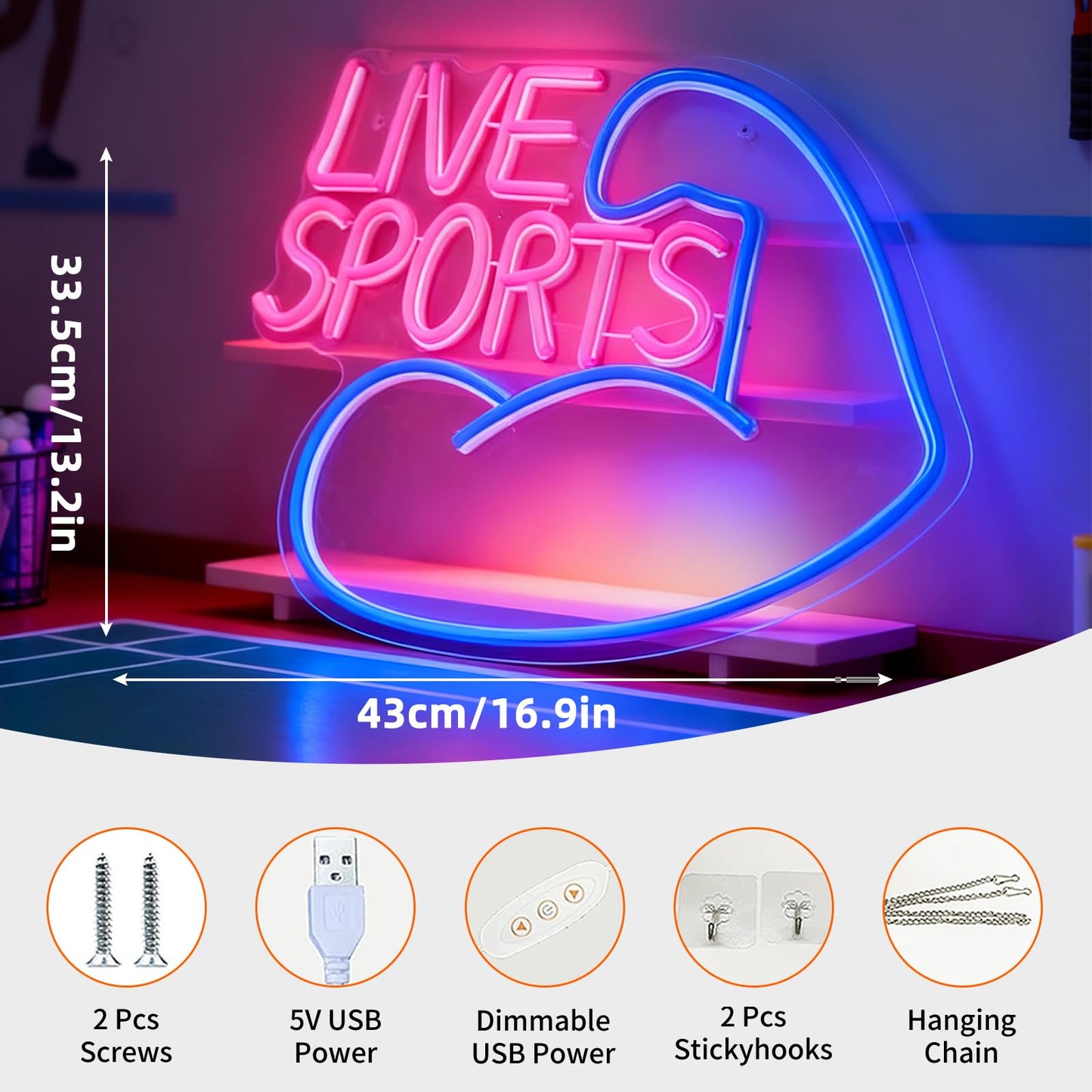 Live Sports Neon Sign, USB Powered Decorative Led Neon Light for Sports Bar Game Room Man Cave Home Theater Wall Table Sport Theme Decor 13.2 x 16.9