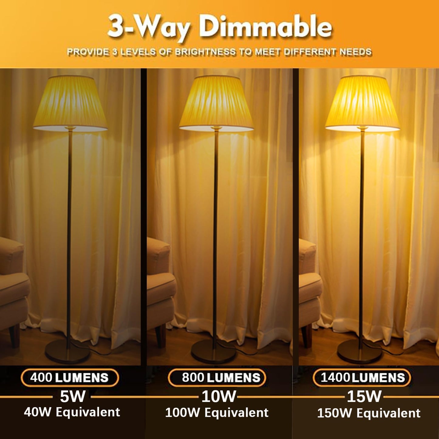 YFBOMI 3 Way Amber LED Bulbs 40W, 100W, 150W Equivalent 1800K Light Bulbs, E26 A19 3 Way Bulbs 5W/10W/15W,for Sleeping, Reading, Desk Lamps, and Floor