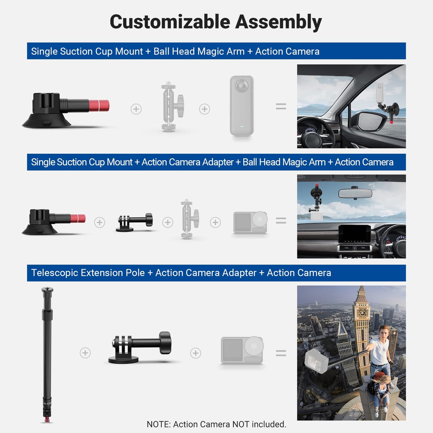 NEEWER Triple Suction Cup Car Mount Kit, Two 24" Aluminum Alloy Extension Poles, NATO Rail, Action Camera Adapter Compatible with GoPro DJI Insta 360