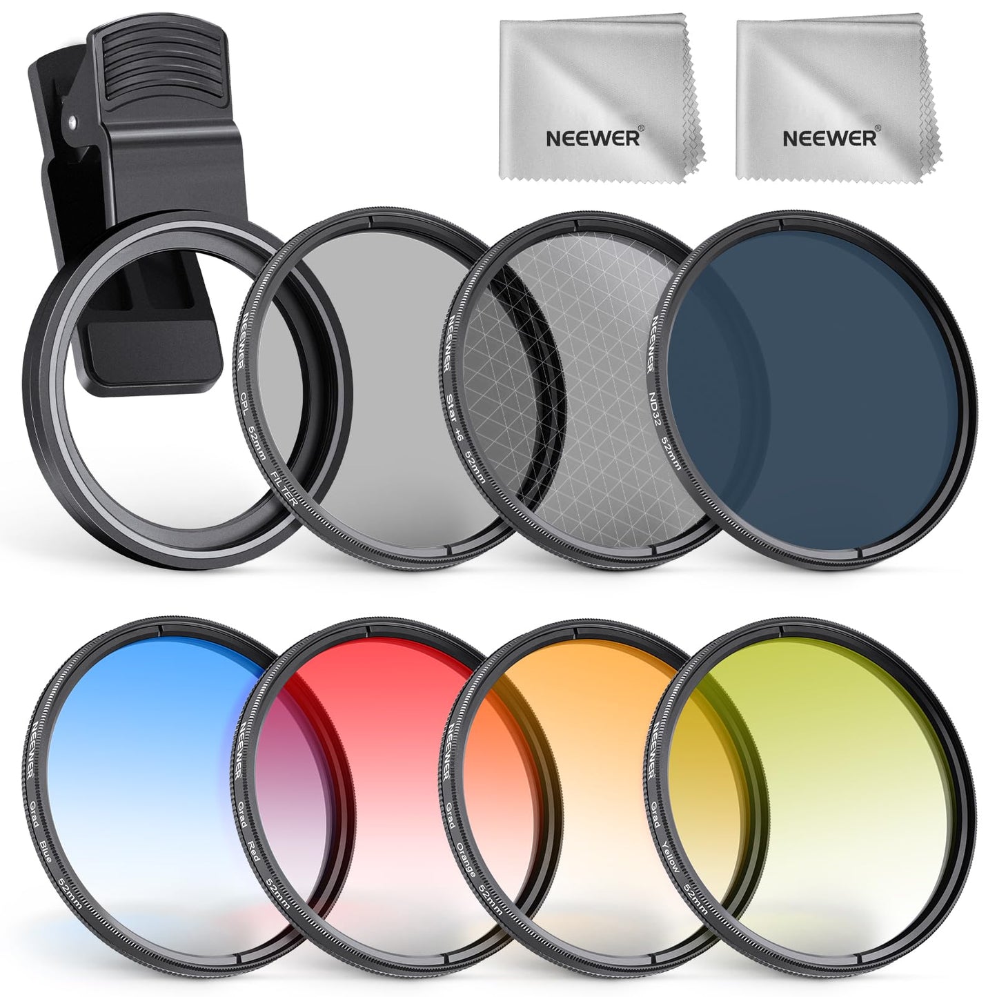 NEEWER 52mm 7 Pack ND Filter Set Compatible with iPhone, Clip On CPL+ ND32 + Starlight + GND (Red/Orange/Yellow/Blue) Phone Camera Lens Photography