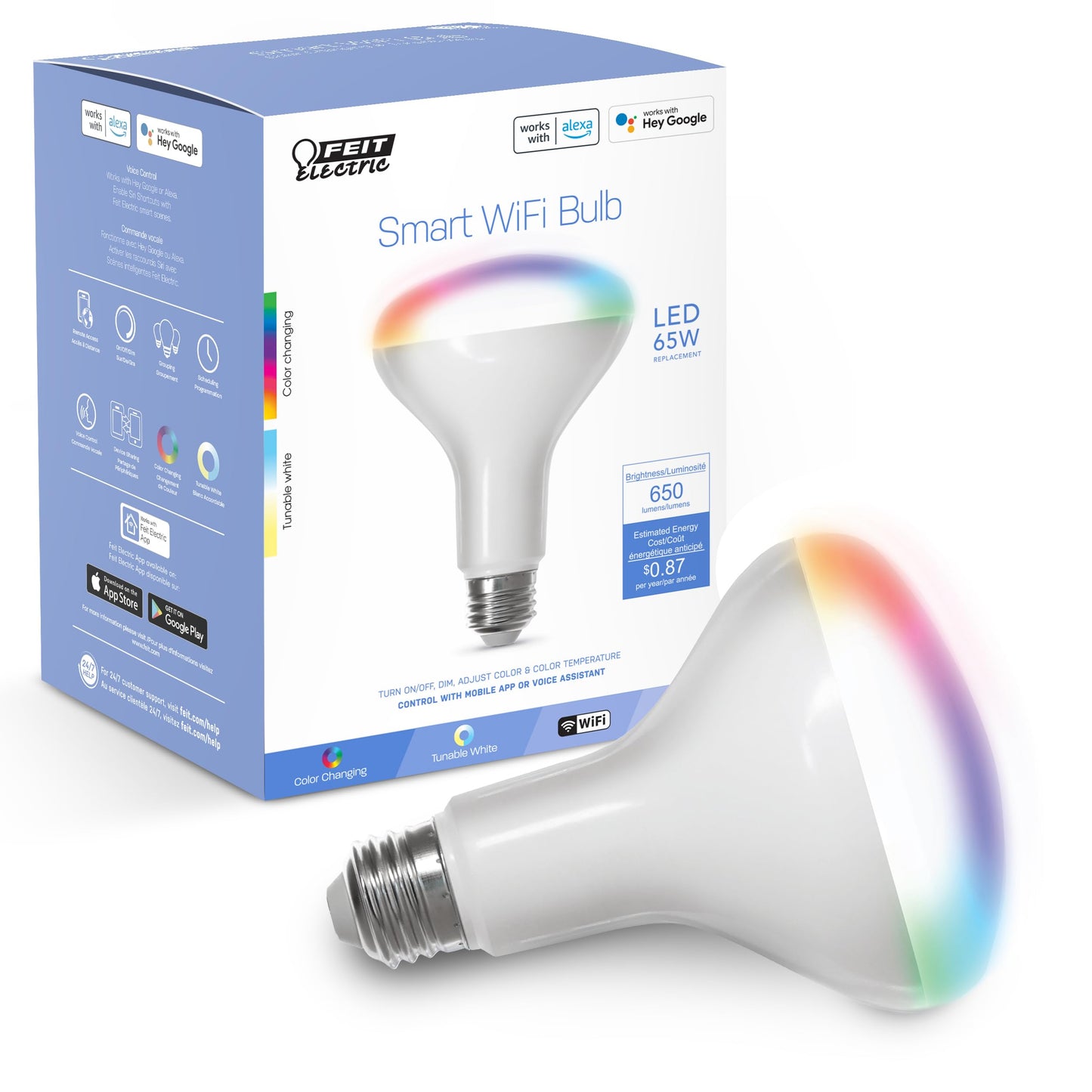 Feit Electric BR30 Smart Flood Light Bulb,2.4GHz WiFi Color Changing and Dimmable, No Hub, Works with Alexa or Google Assistant, BR30/RGBW/CA/AG, 65W
