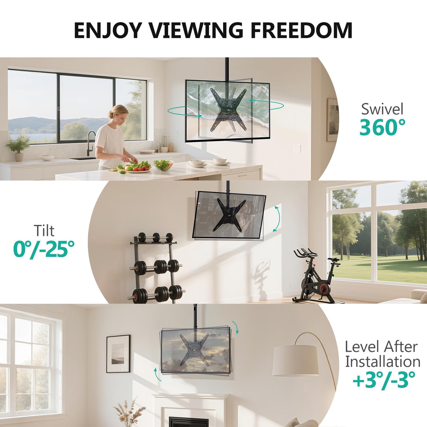 WALI Ceiling TV Mount Adjustable Bracket Fits Most LED, LCD, OLED and Plasma Flat Screen Display 23 to 65 Inch, up to 110 Lbs, Mounting Holes