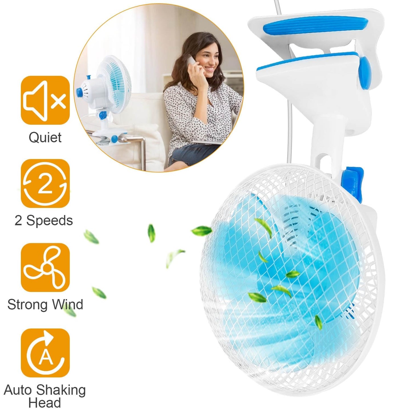 KOCASO Small Oscillating Clip On Fan - 2 Speeds, Auto Shaking, Low Noise - Personal Fan Ideal for Desk, Office, Home, Baby Strollers - Adjustable