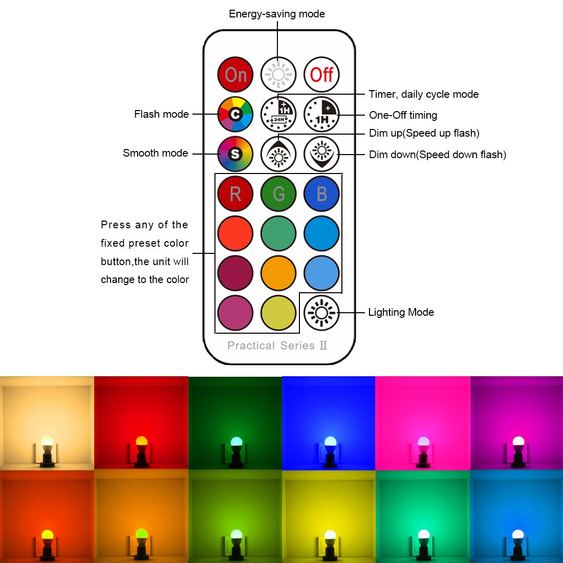 LED Color Changing Light Bulb with Remote Control, 5W 40W Equivalent, 500LM