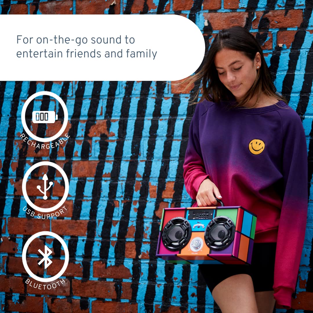 Wireless Express - Boombox Speaker with LED Lights - Retro Bluetooth Speaker w/Enhanced FM Radio - Perfect for Home and Outdoor (Swirl Bling)