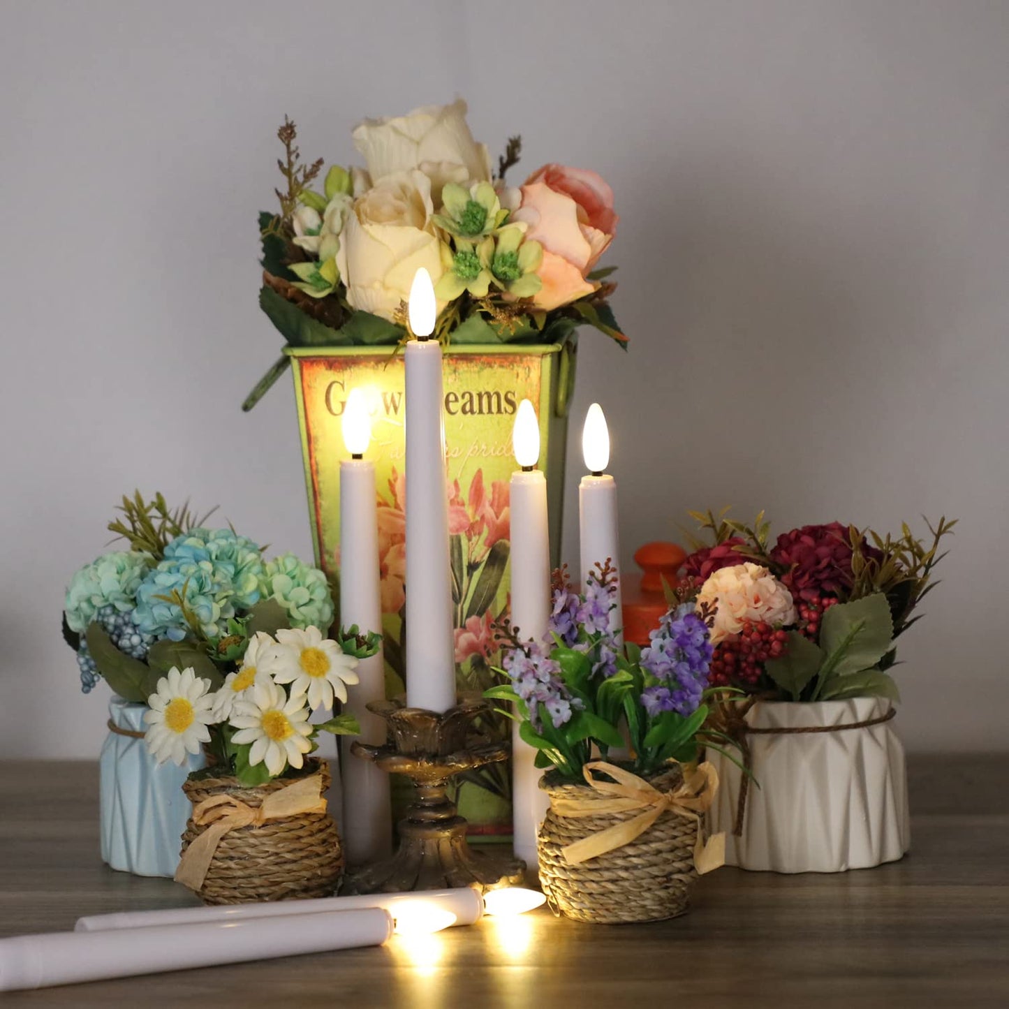 OWLBAY 9 Pack 3D Wick Flameless Window Candles with Remote & Timer, 8”H Battery Operated LED Taper Candles, Warm White Flame Flickering Light, Ideal