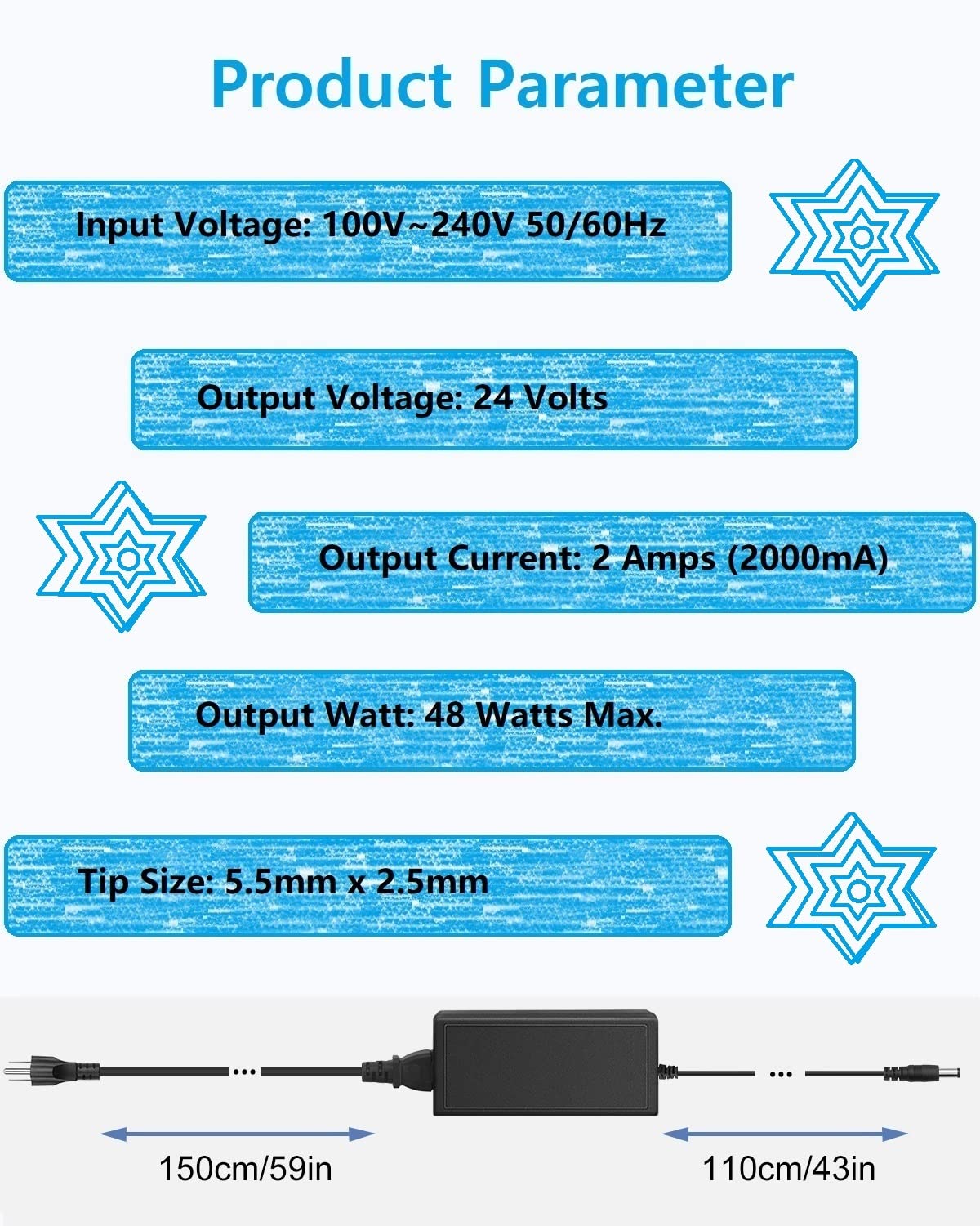24V DC Power Supply 2A AC Adapter, 100-240 50/60Hz Desktop Adapter to 24 Volts 2Amp Transformer, DC 24V Power Cord, 5.5mm x 2.5mm Plug & 1 Tip