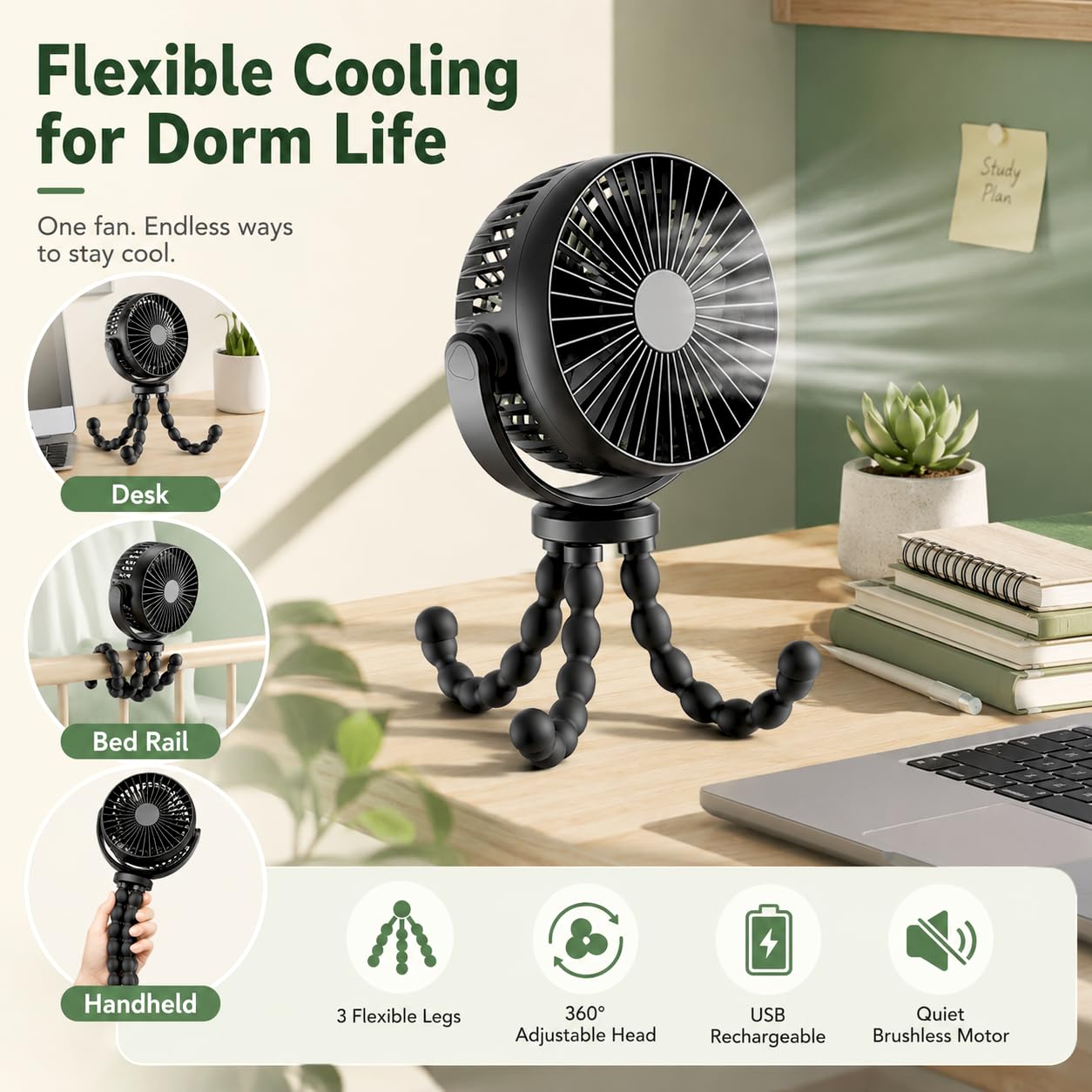 Portable Fan, 5200mAh USB Rechargeable Octopus Desk Fan with Flexible Legs