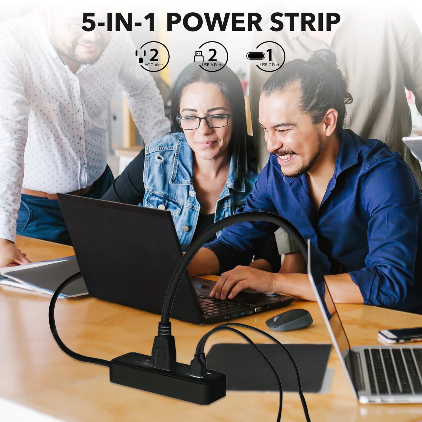 Clear Power 2-Outlet Power Strip with 3 USB Ports(1 USB-C), Flat Plug, 6 ft Power Cord, Compact USB Charging Hub, Desktop Charging Station with USB C