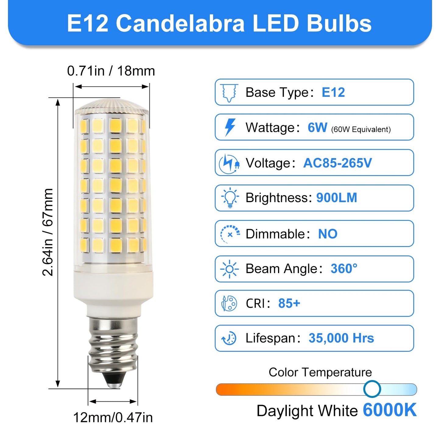 E12 LED Bulb Daylight White 6W Candelabra Light Bulbs 60 Watt Equivalent