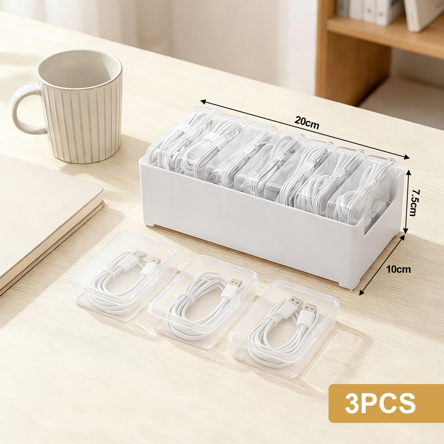 Geyynow 3 PCS Cable Organizer Box with 7 Clear Switch Case, Charger Cord Organizer Box for Home Office Desk Storage Accessories
