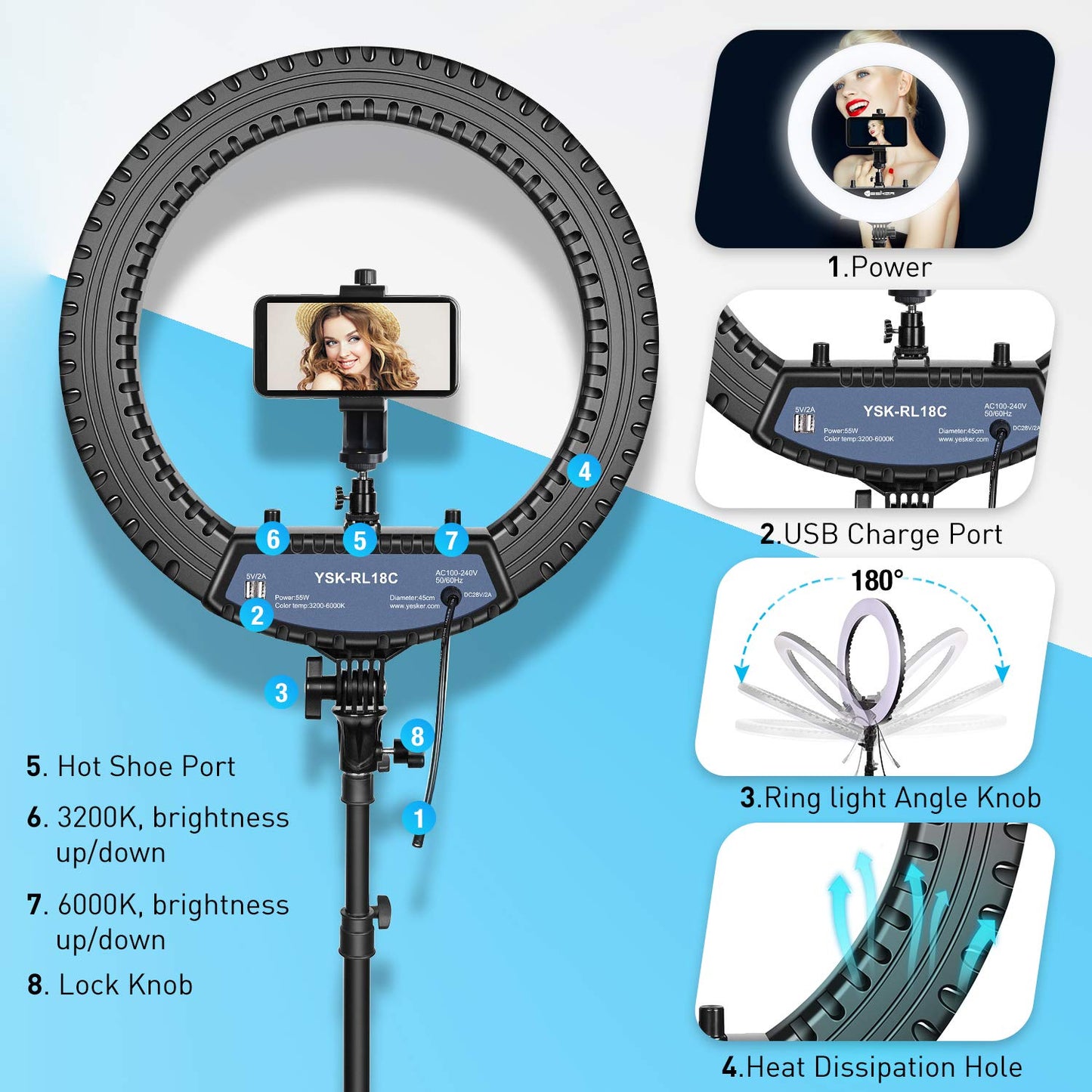 Yesker Ring Light 18 Inch with Stand Tripod Big Selfie Ringlight Adjustable 6000K Dimmable LED Portable Professional Ring Lights Kit Phone Holder
