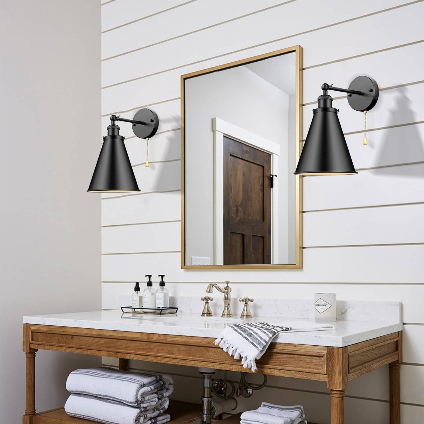 VinTopsh Industrial Farmhouse Wall Sconce with Pull Chain Switch, Metal Wall Sconce Light Fixture for Kitchen Sink Hallway Bedroom (Black)