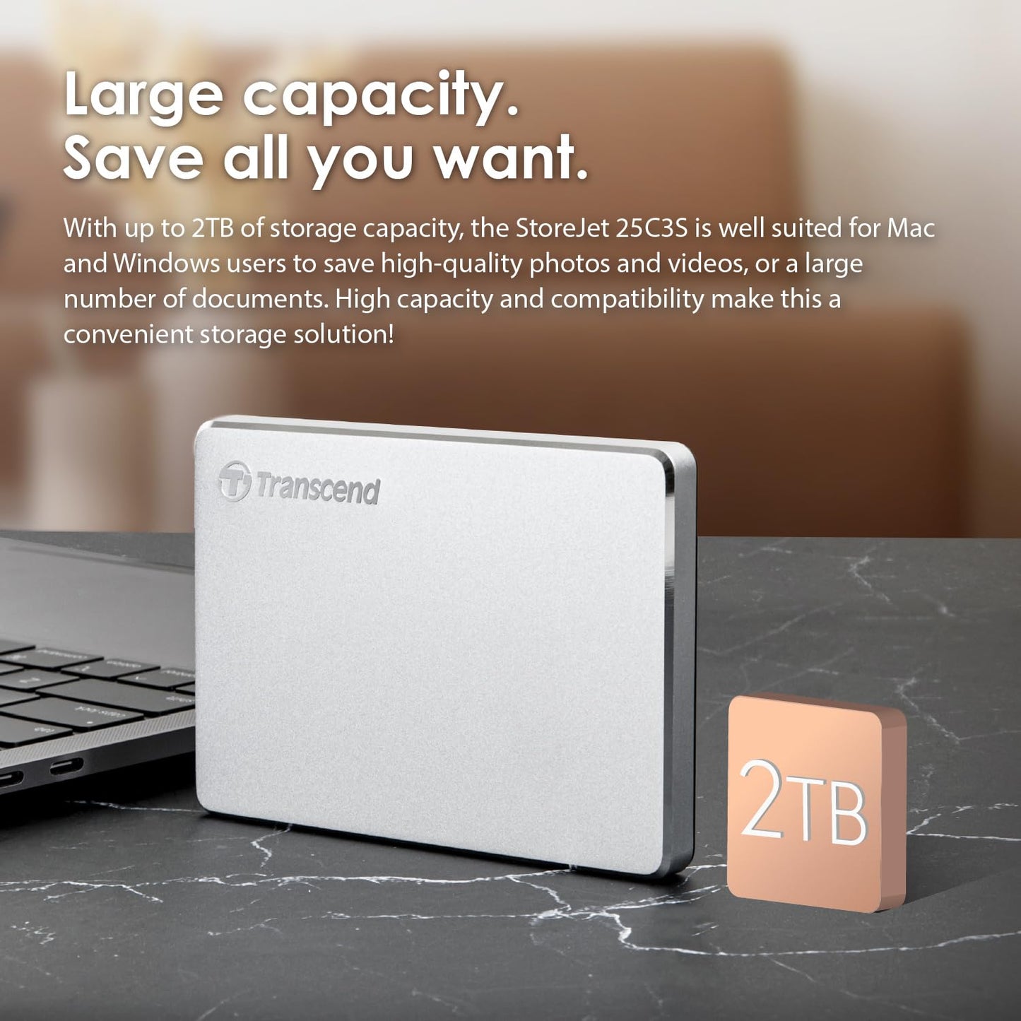 Transcend 1TB SJ25C3S, Portable External Hard Drive, Sleek Aluminum casing, Type C, Silver - TS1TSJ25C3S