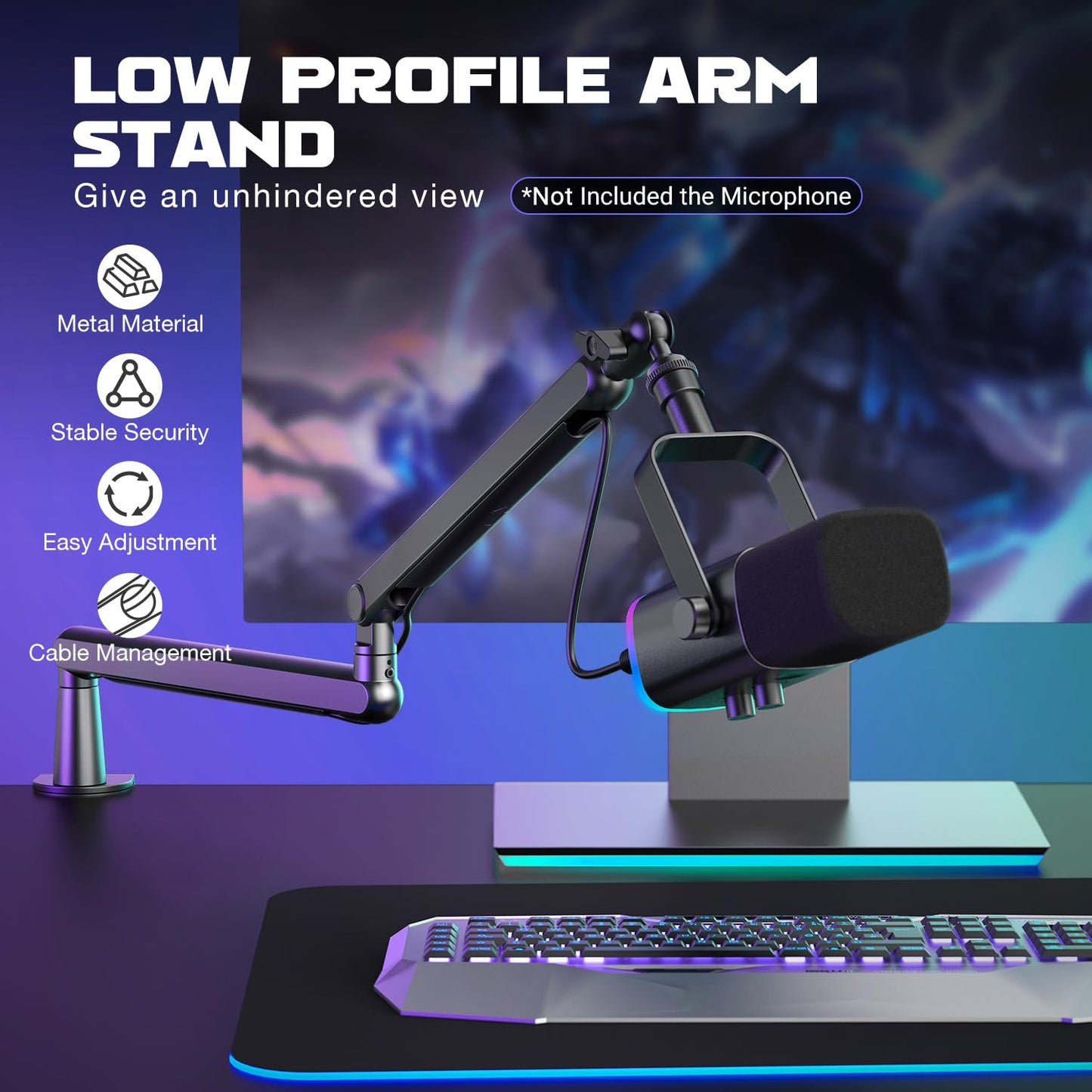 FIFINE Microphone Boom Arm, Low Profile Adjustable Stick Microphone Arm Stand with Desk Mount Clamp, Screw Adapter, Cable Management, for Podcast