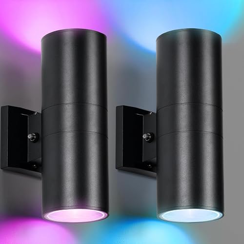 futxnziey RGBCW Outdoor Wall Light 2 Pack, Smart Porch Light Dusk to Dawn Lighting with Remote Control, WiFi Outdoor Wall Sconce, Compatible