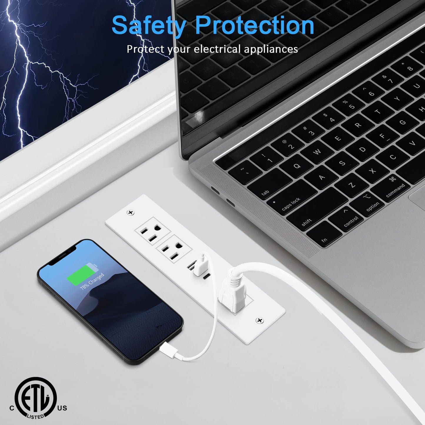 HEZI Recessed Power Strip, Furniture Drawer Outlet with 20W PD USB-C & 18W QC3.0 USB-A, Plug in 3 Outlets & USB Ports, Flush Mount 6FT White Extension