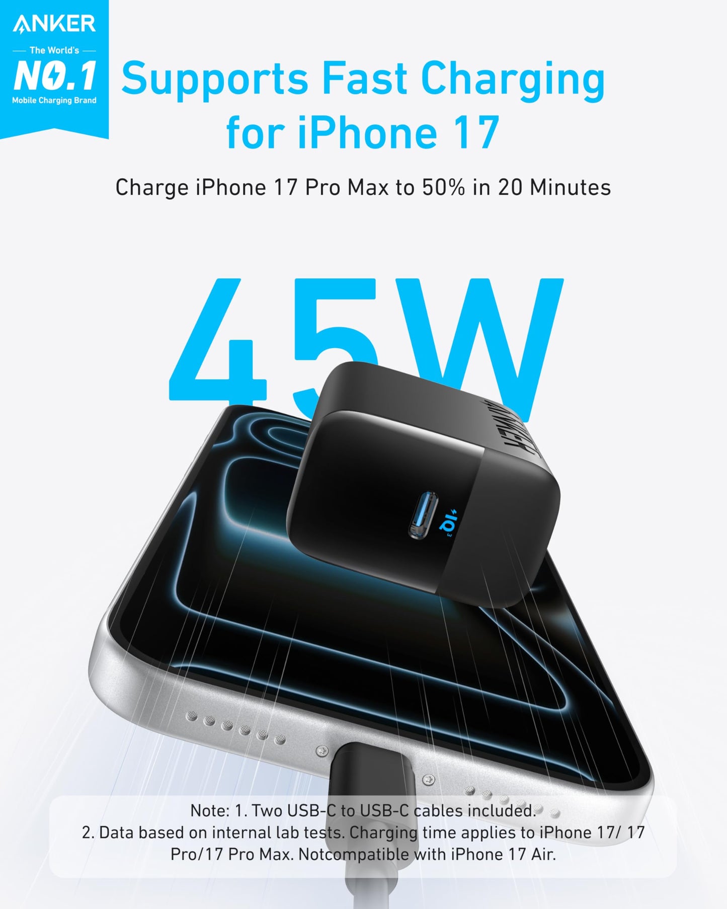 Anker 45W USB C Charger Block, Type C Charger Fast Charging for iPhone 17/16 Series, Phone Charger with USB-C Cable for iPad, Galaxy S24 Ultra