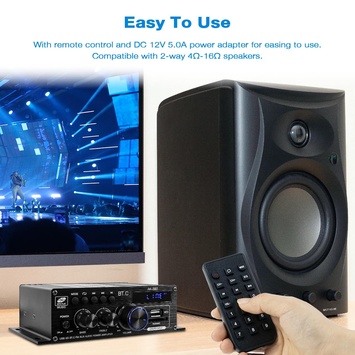 Hosyond Bluetooth 5.0 Audio Amplifier 400W+400W 2.0 CH AMP HiFi Stereo Treble Bass Audio Receiver for Passive Speakers Theater System AK-380