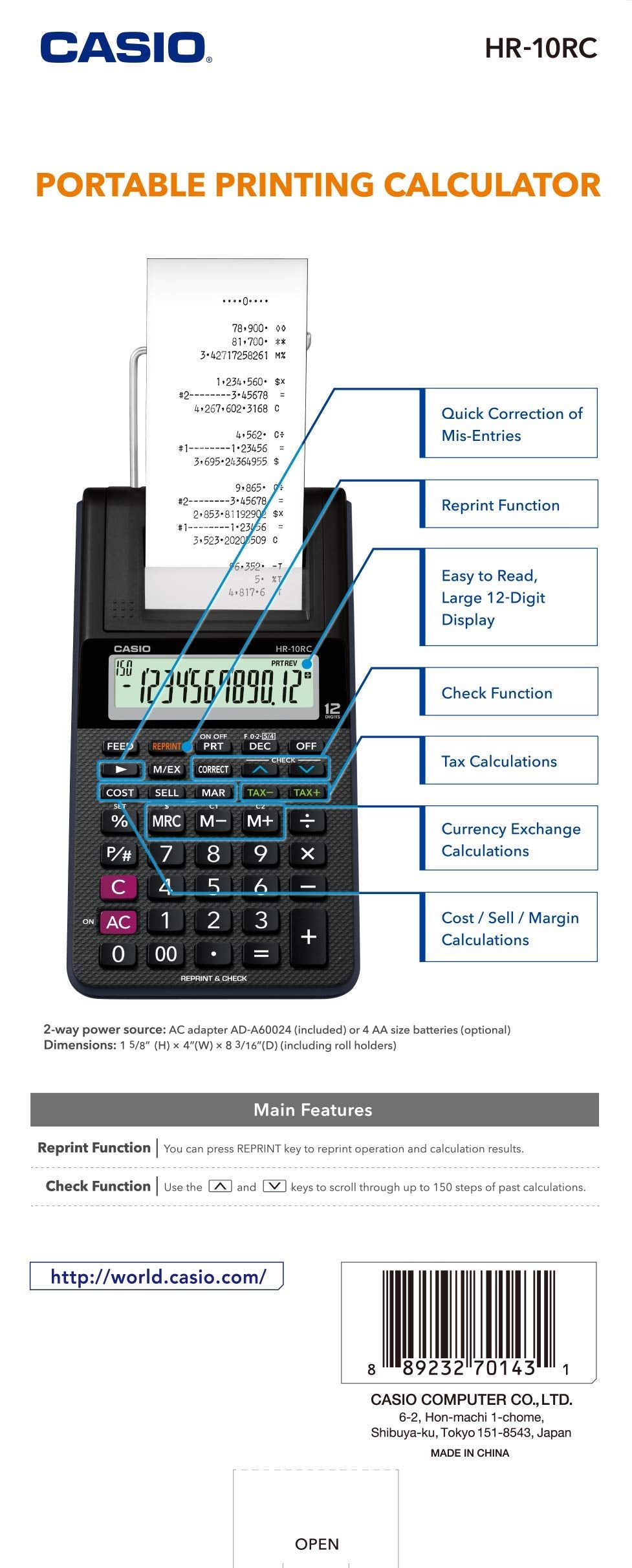 Casio HR-10RC Mini Desktop Printing Calculator | Portable | 12-Digit Display | One-Color Printer | Tax & Currency | Ideal for Taxes, Bookkeeping