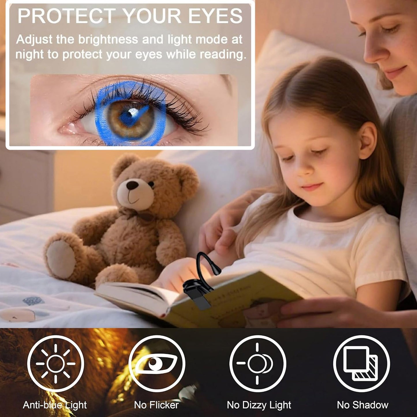 Minsk Bed Reading Light, Clip On Book Lamp with 360° Flexible Neck, Eye Protect 3 Color Stepless Dimming Light, USB Rechargeable Bedside Reading Light
