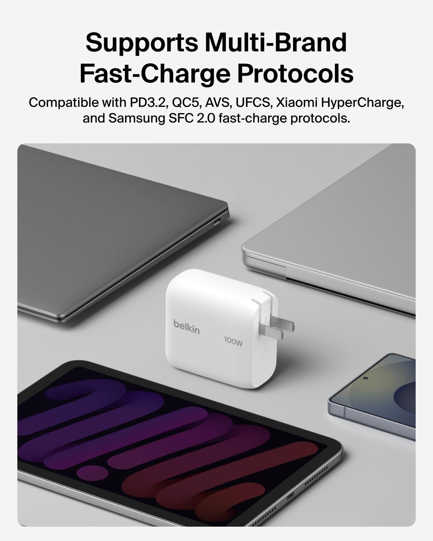 Belkin USB C Wall Charger 100W - Compact GaN Charger for MacBook Pro/Air, Chromebook, Dell, iPad, Tablet, iPhone 17, Samsung Galaxy S26, AirPods - USB
