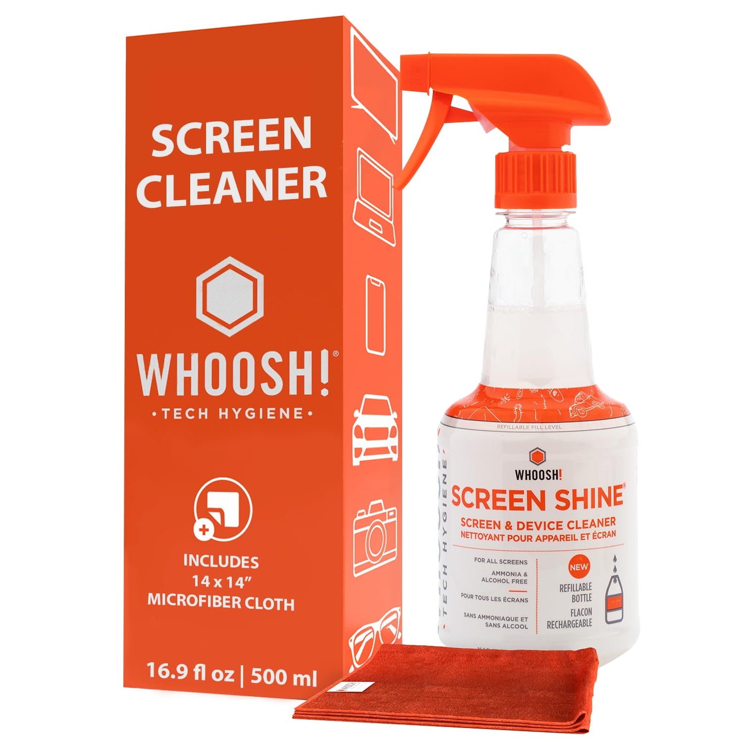 WHOOSH! Screen Shine Pro 16.9 fl oz Refillable Screen Cleaner for TV, OLED, and Monitors - Streak-Free Spray with Microfiber Cloth - Safe for Flat