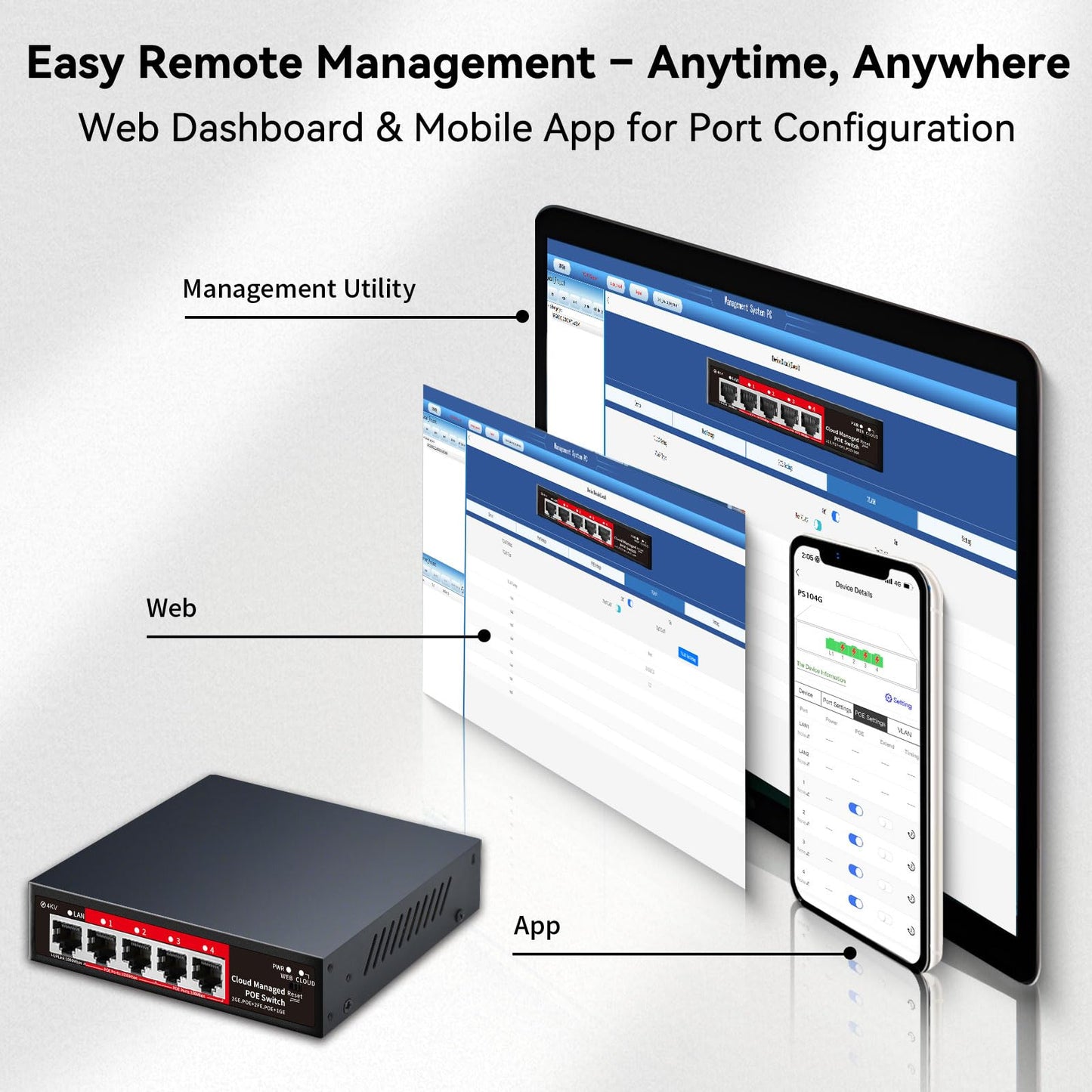 STEAMEMO 5 Port PoE+ Switch | Easy Smart Managed Ethernet Switch | Support VLAN, QoS | 52W Total PoE Budget | Fanless Metal | Plug & Play