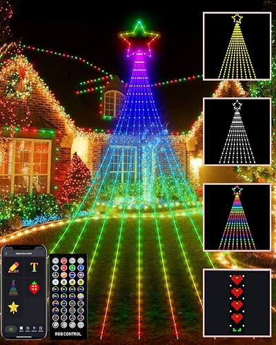Outdoor Christmas Decorations Lights with Star, Smart DIY Custom Display 11.8Ft 100 Modes Yard Waterfall Tree String Lights, App Control 344LED RGB