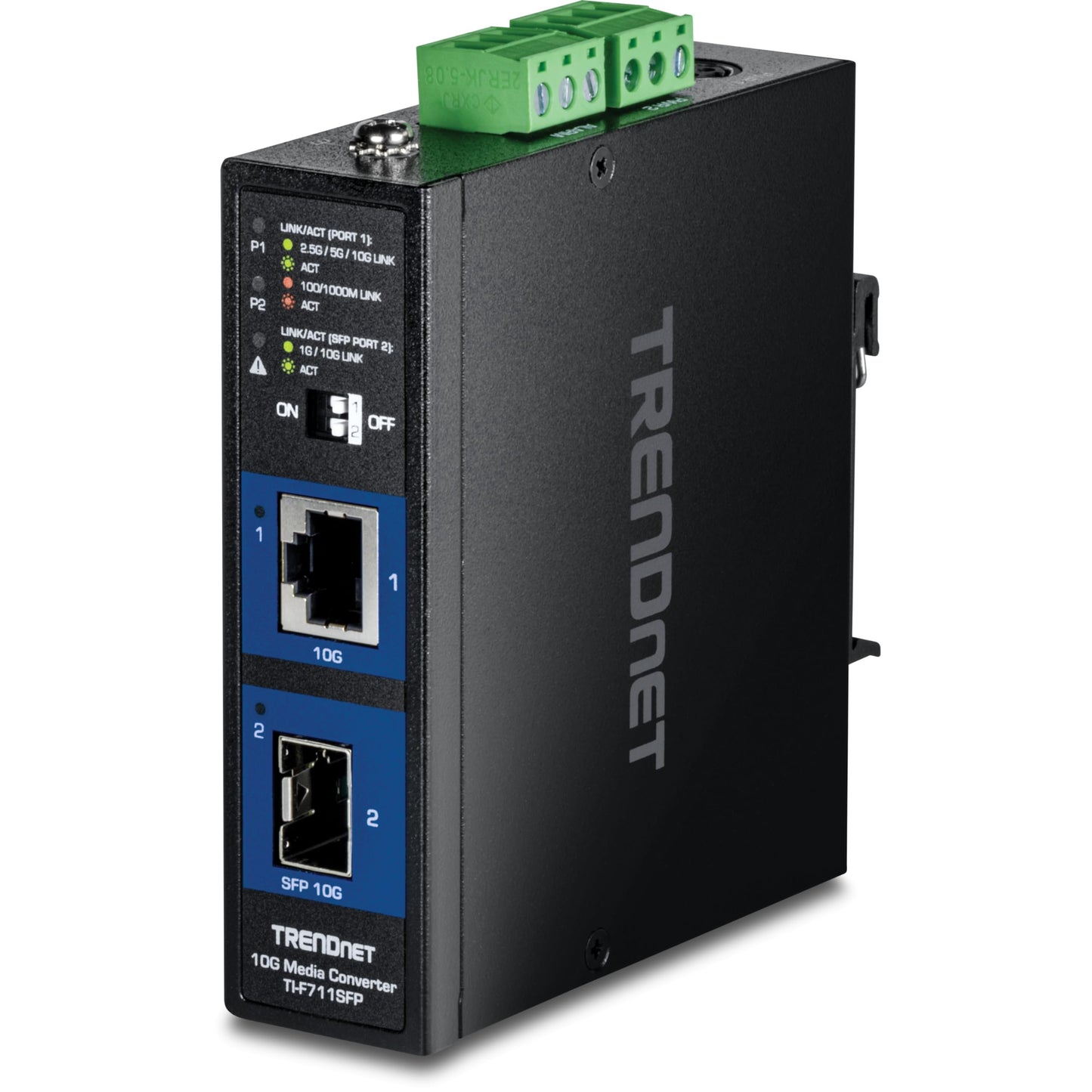 TRENDnet Industrial 10G SFP+ Media Converter, TI-F711SFP, Extreme Temperature IP50 Rated, Ethernet Splitter, DIN-Rail and Wall Mounts Included, NDAA