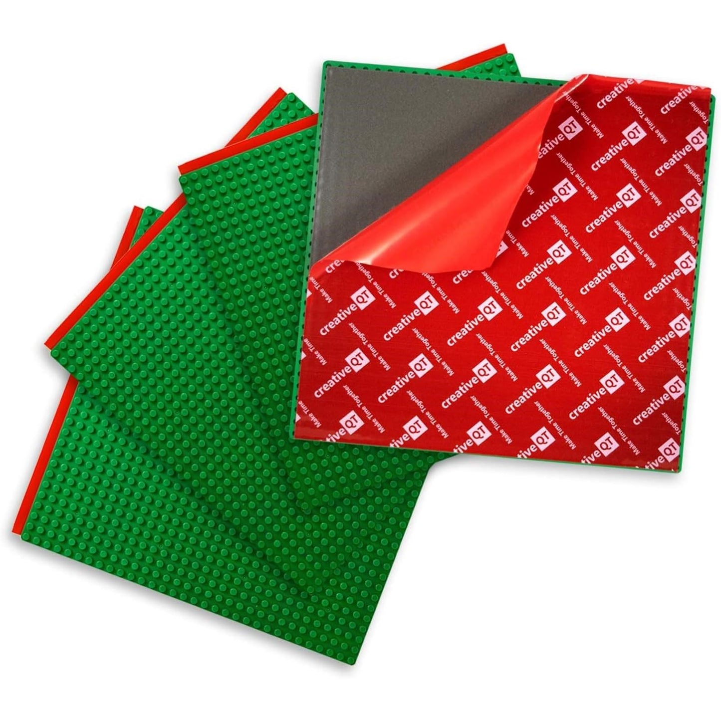 Creative QT MakerBase 4-Pack Green 10"x10" – Peel & Stick Stackable Baseplates for Play Tables, Walls & More, Compatible with Bricks