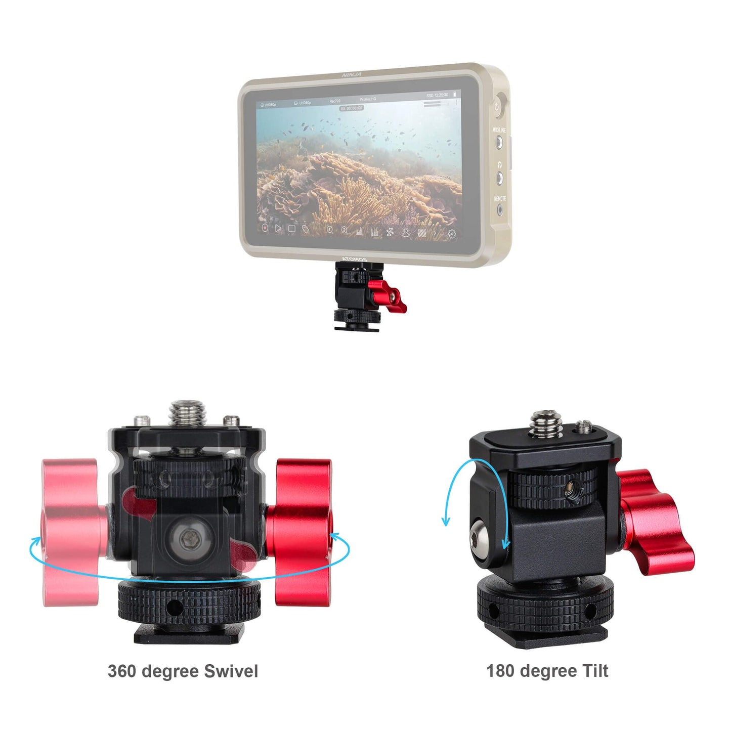 Universal Camera Monitor Mount, 360° Adjustable Aluminum Alloy Quick Release Bracket with Cold Shoe, Compatible with 5" or 7" Field Monitor for DSLR