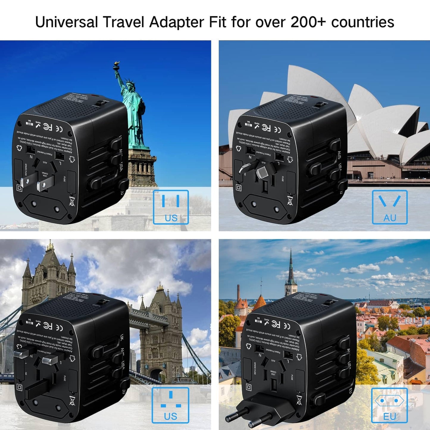 International Travel Adapter & Voltage Converter – Step Down 220V to 110V for Phones, Laptops, Curling Irons, US to UK/EU/AU & 200+ Countries