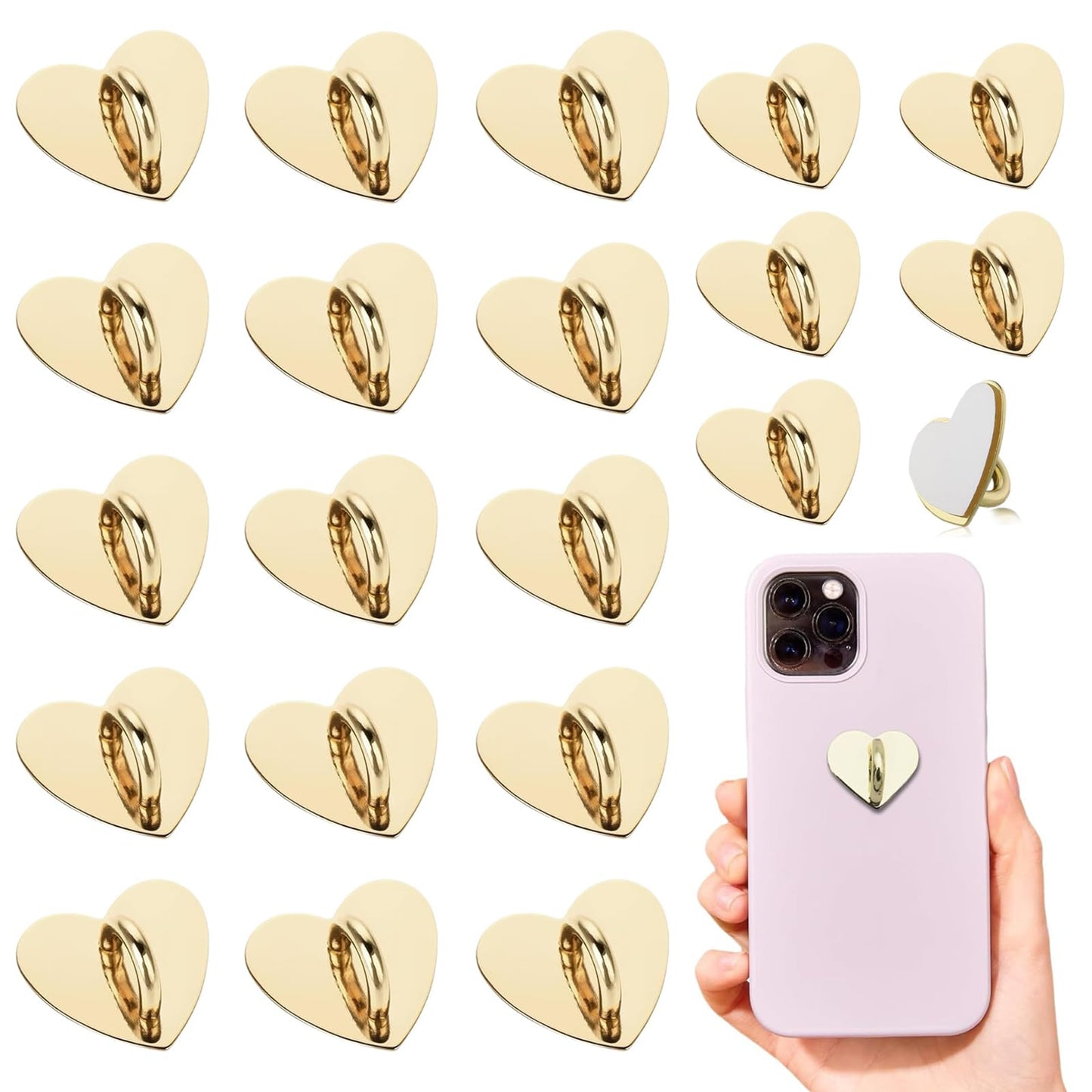 20pcs Phone Charm Hook, Cell Phone Finger Ring, Heart Phone Holder, Adhesive Metal Phone Finger Grip Loop Stand for Mobile Phone Case DIY Accessories