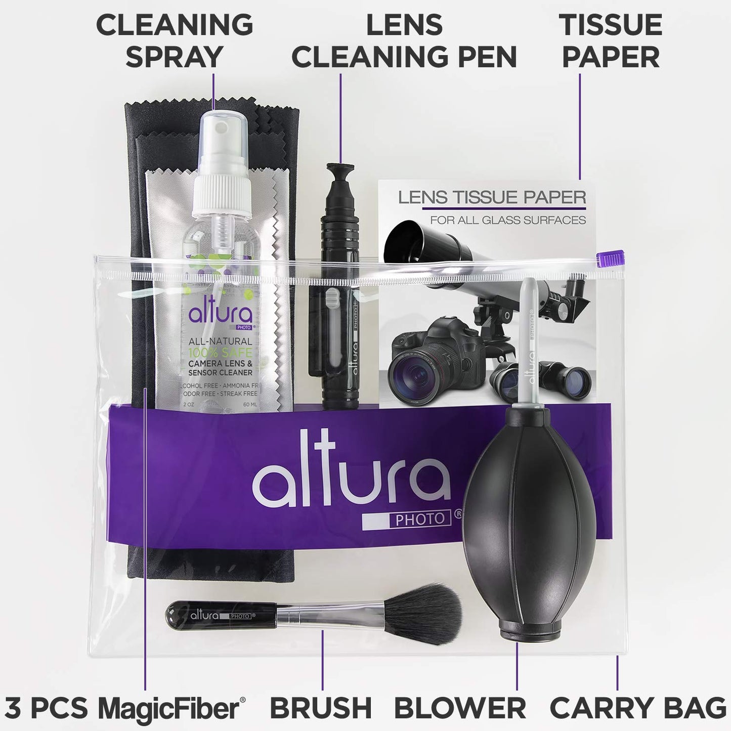 Altura Photo Camera Cleaning Kit - All Natural Lens Cleaner, Brush, Pen, Blower, Microfiber Cleaning Cloths, Tissue Wipes for Canon Nikon Sony Fuji