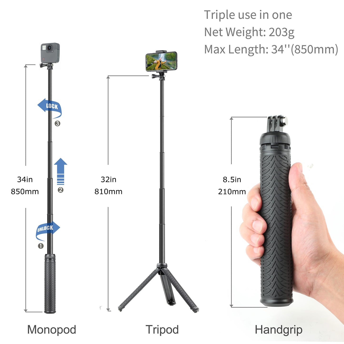 SOONSUN Waterproof Selfie Stick Extension Pole Tripod Stand Hand Grip for GoPro Hero 13, 12, 11, 10, 9, 8, 7, 6, 5, 4, 3, 2, Session, Fusion, SJCAM