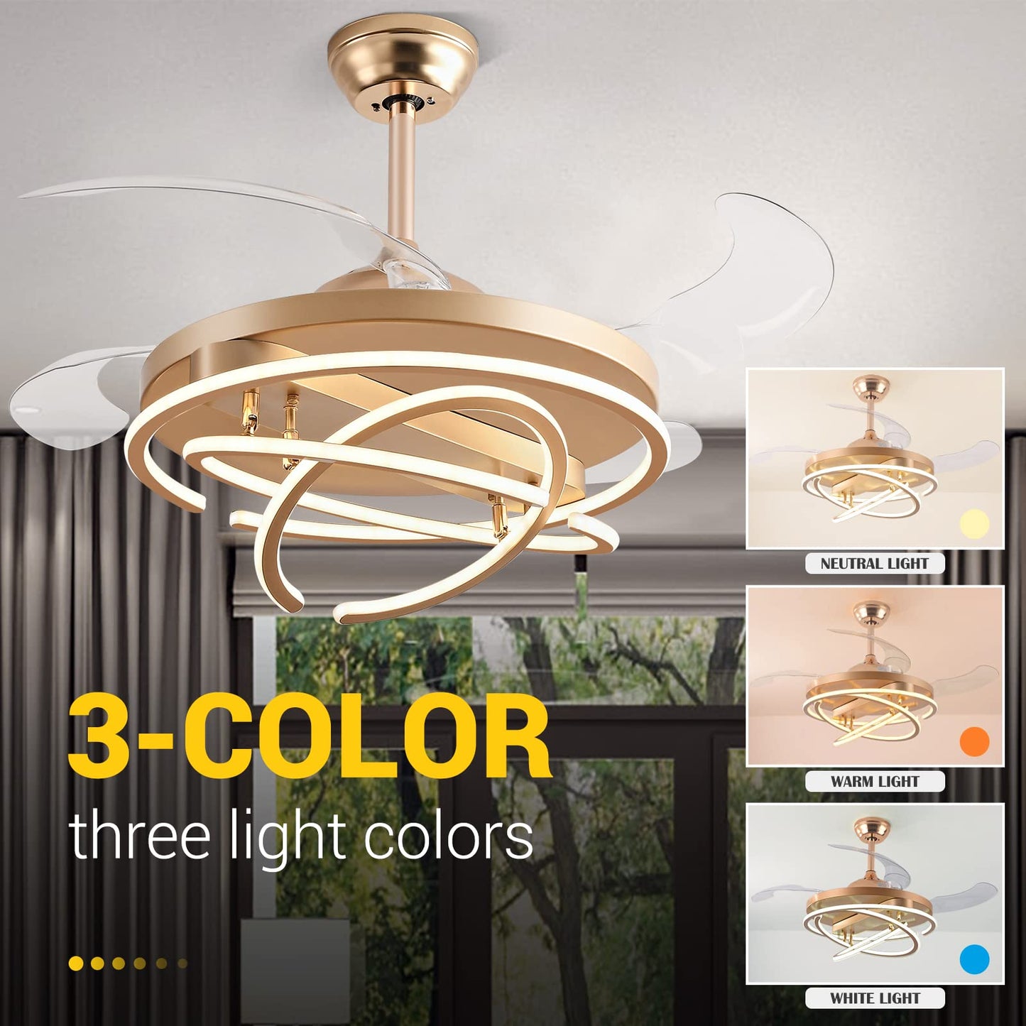 LWestine 42" Retractable Ceiling Fans with Lights Remote Control, Modern Ceiling Fan Rings LED Chandeliers, Invisible Ceiling Fans Fandelier with 4