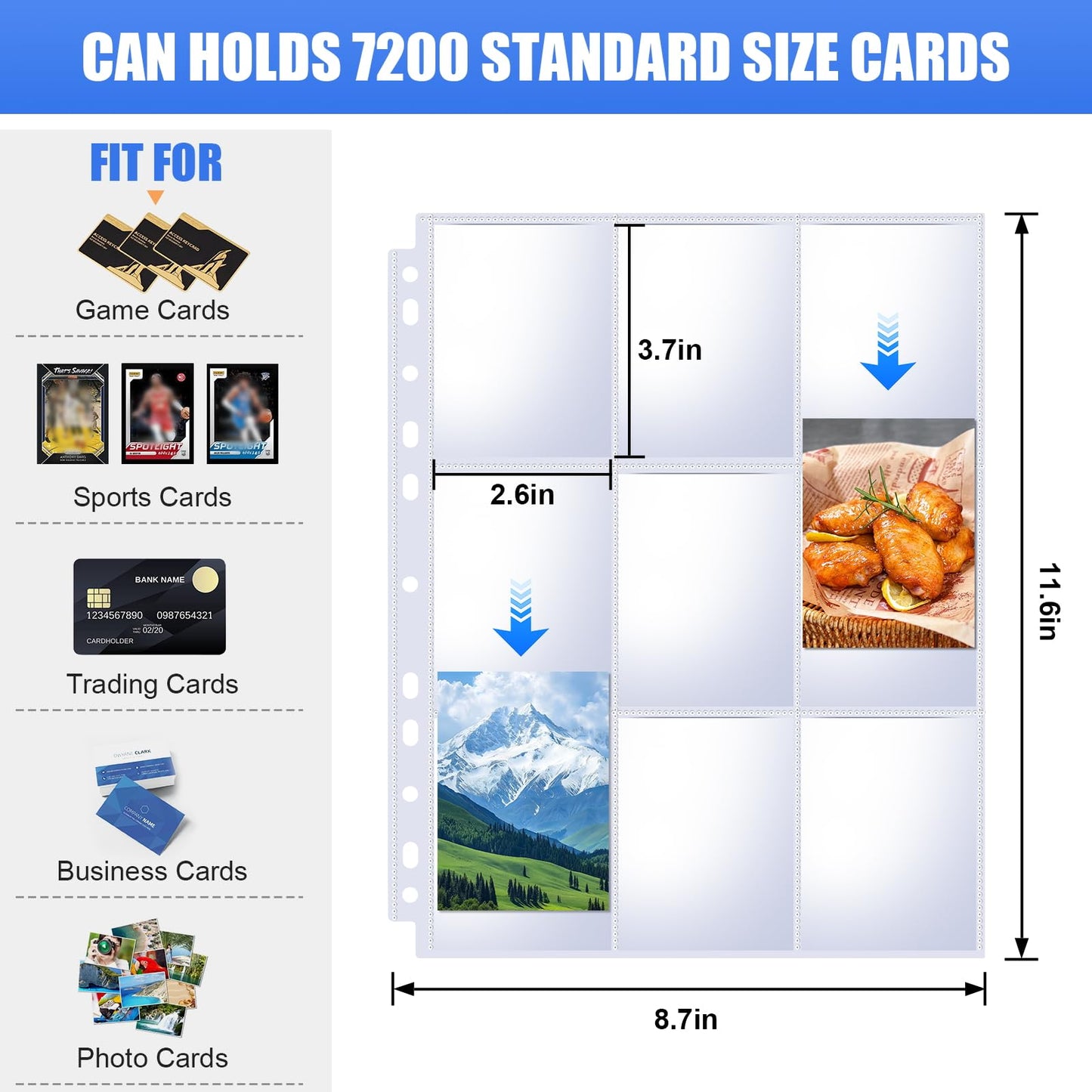 400 Pack 9 Pocket Card Sleeves Binder Sheets, Trading Card Sleeves for 3 Ring Binder, Holds 7200 Cards, Card Holder Binder Pages Protectors Fit